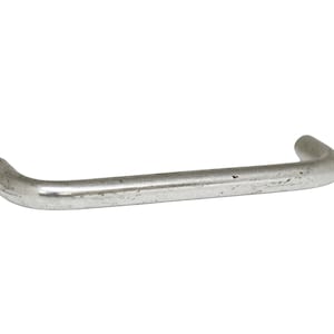 May include: A silver metal cabinet pull with a rounded shape. The pull has a brushed finish and is designed for use on cabinets, drawers, or doors.