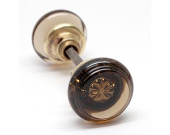Antique Dark Amber Glass Door Knobs with Center Bullet
