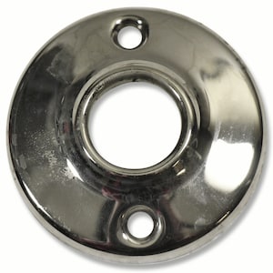 May include: A round, silver-coloured metal plate with a hole in the centre and two smaller holes on the sides. The plate is smooth and shiny.