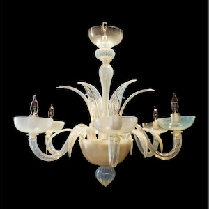 Vintage Murano Opaline Glass 6 S Arm Chandelier with Up & Down Leaves