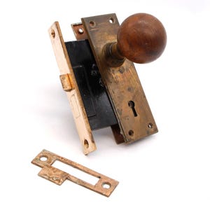 Vintage Wood Brass Complete Passage Door Knob Set