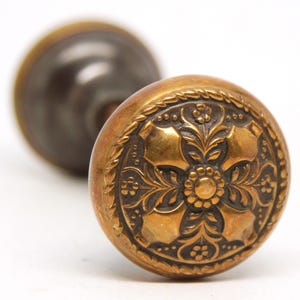 Op de afbeelding: Close-up van twee antieke messing deurknoppen. De voorste knop is scherp, met een sierlijk bloemmotief met een centrale bloem en een omringend bladerpatroon. De tweede knop is onscherp op de achtergrond.