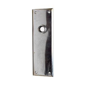May include: A rectangular, polished chrome door plate featuring a central circular opening for a knob or spindle. The plate has four small, countersunk screw holes located at each of the four corners for secure mounting to a door surface.