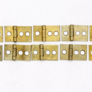 May include: Ten gold-toned metal hinges, each with three holes, arranged in two rows of five.