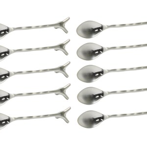 May include: Set of ten silver spoons with twisted handles and a rounded bowl. The spoons have a unique, branch-like design at the end of the handle.