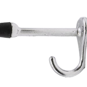 May include: A silver doorstop with a hook and a black rubber stopper on the end.