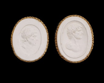 Pair of Antique Intaglio Portrait Oval Carved Plaster Pieces