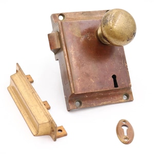Antique Norwalk Solid Brass Door Rim Lock & Knob Set