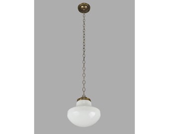 Antique 9.5 in. Schoolhouse Milk Glass Brass Pendant Light