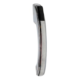 May include: A silver door handle with a black accent on the top. The handle is curved and has a polished finish.