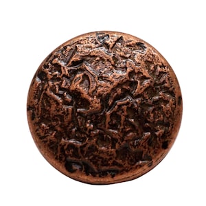 Op de afbeelding: Een ronde, koperkleurige munt met een getextureerd oppervlak en ingewikkelde ontwerpen. De munt lijkt oud te zijn en heeft een verweerde patina.