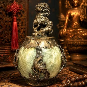 May include: A spherical vessel with a pale green marbled body, featuring a metallic bronze-toned phoenix relief on the front and a sculpted lion-like creature serving as a lid handle, accented with ornate metal trim around the top and sides.