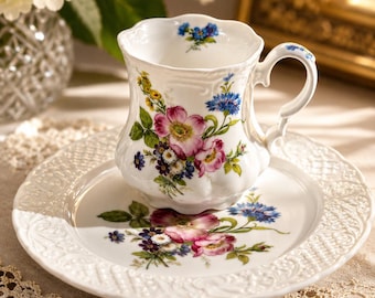 Floral Tea Cup Saucer Set Fine Bone China Cottagecore Tea Party English Garden Decor