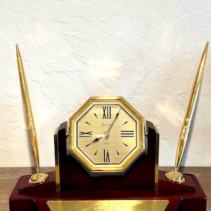Bulova Quartz Desk Mantel Clock Brass Wood Base Octagonal Roman Numerals Works