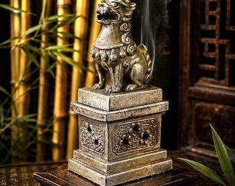 Japanese Foo Dog Incense Holder | Mid-Century Guardian Lion Figurine | Antique Bronze Chinoiserie Accent