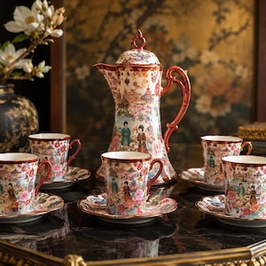May include: A porcelain tea set featuring a tall teapot and five matching cups with saucers. The set is decorated with colorful illustrations of figures in traditional attire, pagodas, and floral patterns against a cream background.