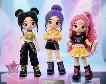 Molde de crochê 3 em 1 para boneca Kpop em PDF | Tutorial de crochê para boneca amigurumi de ídolo | Molde de crochê para boneca de garota Kpop | Boneca de pelúcia DIY inspirada em anime