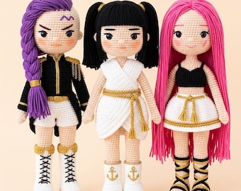 Paquete de patrones de crochet Kpop, Kpop Demon Hunters, Patrón de amigurumi de muñeca Huntrix, PDF de muñeca de crochet Mira Zoey Rumi, Patrón de muñeca anime Kpop