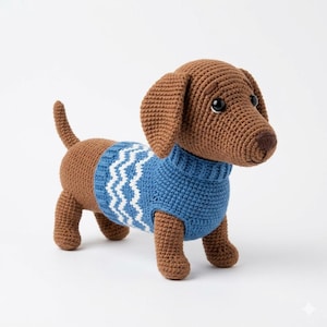 Puede incluir: Un perro salchicha de ganchillo marrón, con un suéter azul con un patrón de zigzag blanco. El perro tiene ojos negros y una cola pequeña. El juguete está hecho a mano y se mantiene sobre cuatro patas.