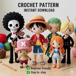 Puede incluir: Imagen de un patrón de ganchillo con siete muñecos amigurumi. Los muñecos representan diferentes personajes, cada uno con ropa y accesorios distintos. El texto "CROCHET PATTERN INSTANT DOWNLOAD" está en la parte superior. La imagen también incluye el texto "Beginner friendly" y "Step to-step".
