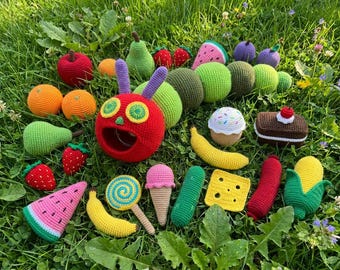 Patrón de ganchillo de la oruga hambrienta en PDF / Patrón de amigurumi de oruga y conjunto de comida inspirado en cuentos de hadas / Ideal para principiantes / Descarga digital