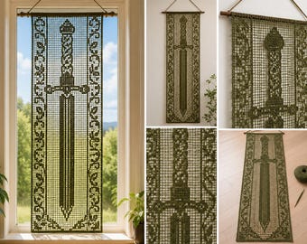 Patrón de ganchillo de espada medieval en PDF, diagrama de tapiz de ganchillo filet, patrón de espada de fantasía para colgar en la pared, decoración gótica de ganchillo, descarga instantánea.