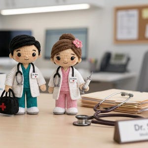 May include: Two crochet dolls dressed as medical professionals. One doll has black hair, a white lab coat, teal scrubs, and a black medical bag. The other doll has brown hair with a pink flower, a white lab coat, pink scrubs, and a syringe.