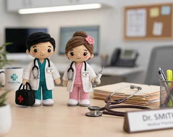 Paquete de patrones de muñeca de médico y enfermera a crochet / Juguete amigurumi 2 en 1 para trabajadores de la salud (descarga en PDF)