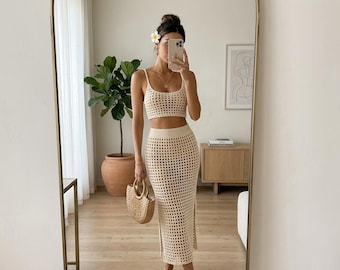 Patrón de conjunto de ganchillo de malla filet en PDF / Patrón de top corto y falda de ganchillo / Conjunto de ganchillo boho de verano / Ropa de encaje para festivales (hazlo tú mismo)