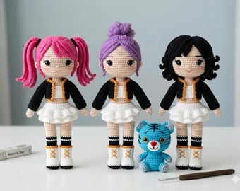 Patrón de ganchillo para muñeca Kpop en PDF, patrón de muñecas amigurumi de ganchillo inspiradas en Huntrix, Mira Rumi Zoey y Derpy Tiger, patrón de muñeca de ganchillo Rumi