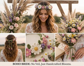 Patrón de corona de flores a crochet en PDF / Tutorial de diadema floral bohemia / 4 tipos de margaritas / Niña de las flores para bodas y festivales / Descarga instantánea