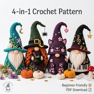 May include: A 4-in-1 crochet pattern featuring four distinct figures: a teal gnome with sea elements, a green witch gnome with a cauldron, a purple cat-themed gnome, and a black musical gnome with piano keys. Text reads 4-in-1 Crochet Pattern.