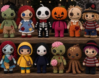 12 in 1 Halloween Amigurumi Häkelanleitung PDF | Niedliche Gruselige gehäkelte Plüschtiere | Halloween Dekoration häkeln DIY | Einfaches Amigurumi Muster
