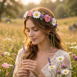 May include: A crochet flower crown featuring white daisies, pink blossoms, and small purple clusters with green leaves. The accessory includes two long green crochet ties hanging down, each finished with a small pink flower at the end of the cord.