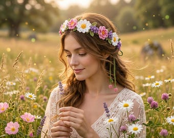 Patrón de corona de flores a crochet en PDF, tutorial de diadema floral bohemia, patrón de corona de margaritas para el cabello, corona de flores para bodas, accesorio para el cabello para festivales (hazlo tú mismo)