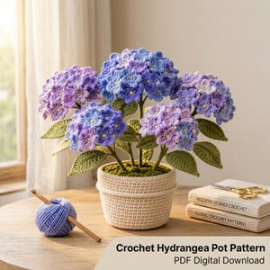 Virkmönster för hortensiablomkruka i PDF-format, mönster för amigurumihortensiaväxt, handledning för virkad blomkruka, heminredning, direktnedladdning