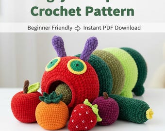 Sehr hungrige Raupe Häkelanleitung, süße Raupe Amigurumi & Fruit Set Pattern, Storybook inspiriert Plüschtier, Anfänger DIY Tutorial