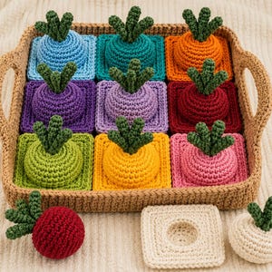 Peut inclure: Un ensemble de jouets en crochet en forme de légumes dans un plateau tissé marron. Chaque jouet présente une base ronde et colorée avec un sommet feuillu vert, posé sur un dessous de verre carré en crochet assorti. Couleurs : bleu, turquoise, orange, violet, rouge, jaune et rose.