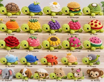 Paquete de patrones de crochet de tortuga 26 en 1 en PDF / Tortuga amigurumi sin costuras / Patrón de crochet con caparazones de frutas removibles / Descarga instantánea