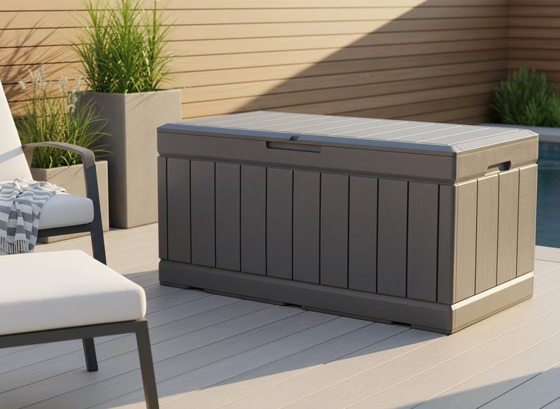 May include: A large, rectangular outdoor storage chest in shades of gray and brown. The chest has a slatted lid and vertical paneling on the sides. It is placed on a wooden deck, with a chair and greenery in the background.