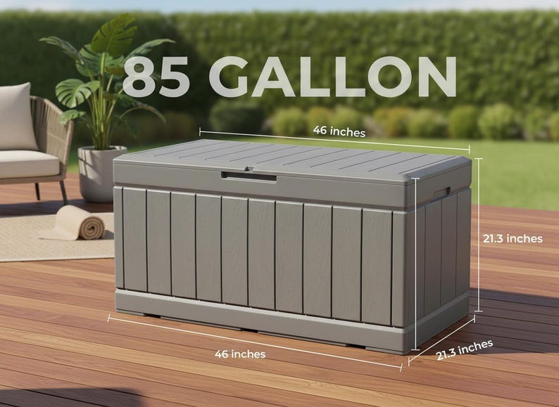 May include: A gray outdoor storage chest with a capacity of 85 gallons. The chest is 46 inches long and 21.3 inches high. It has a hinged lid and vertical paneling on the sides. The text "85 GALLON" is displayed on the top.