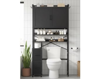 Over The Toilet Storage Cabinet with Doors, Drawers & Hooks, Bathroom Space Saver Organizer, Farmhouse Storage Cabinet, Rustic Toilet Shelf