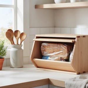May include: A wooden bread box with a hinged lid and a pull-down door, holding packaged bread. The box is light-colored wood, with visible joinery. A small potted plant, wooden spoons in a ceramic jar, and a window are in the background.