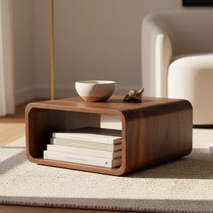 May include: A modern, rectangular coffee table made of dark wood. The table has rounded edges and a lower shelf holding a stack of books. A small, light-colored bowl and a decorative object sit on top.