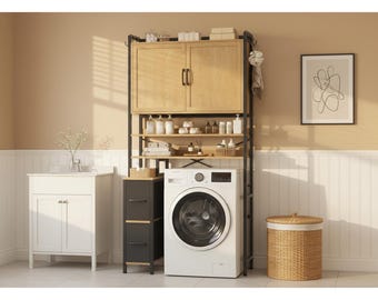 Over the Toilet Storage Cabinet with Apothecary Drawers, Rustic Wood Bathroom Organizer with 6 Hooks & Toilet Paper Holder