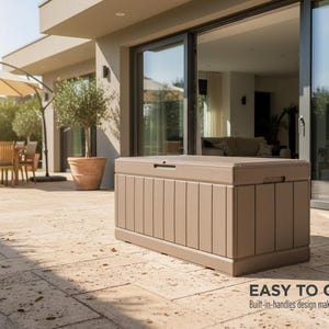 May include: A large, rectangular outdoor storage chest in a neutral beige color. The chest has a hinged lid and vertical paneling on the front and sides. The text "EASY TO CARRY" is visible, along with the description "Built-in-handles design makes carrying easier."