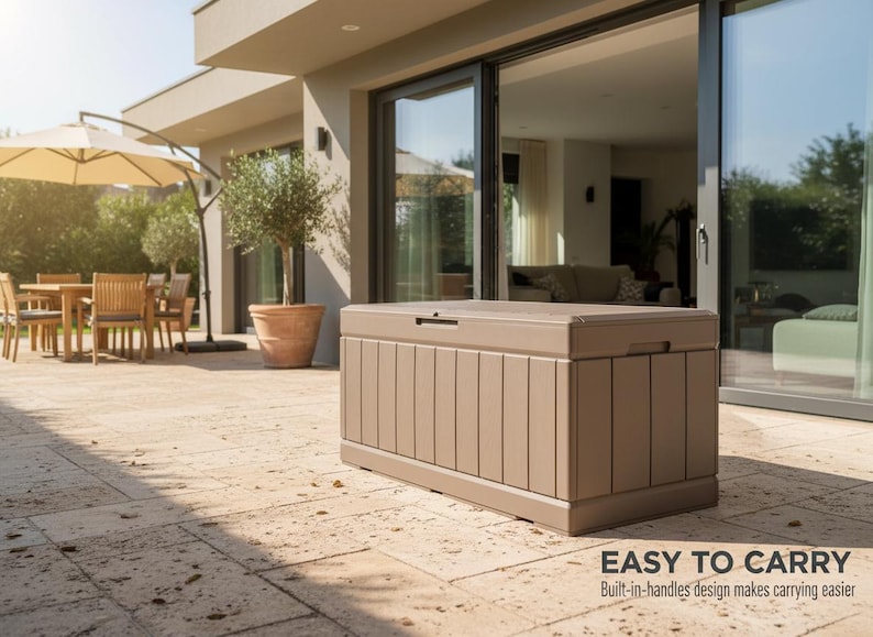 May include: A large, rectangular outdoor storage chest in a neutral beige color. The chest has a hinged lid and vertical paneling on the front and sides. The text "EASY TO CARRY" is visible, along with the description "Built-in-handles design makes carrying easier."