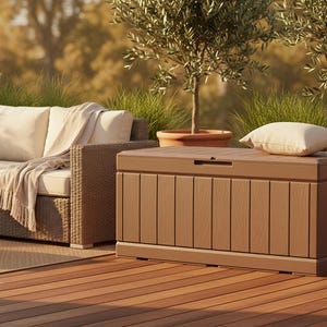 May include: A brown outdoor storage chest with a slatted design sits on a wooden deck. A beige pillow rests on top. A wicker sofa with beige cushions and a blanket is to the left. Olive trees in terracotta pots are in the background.
