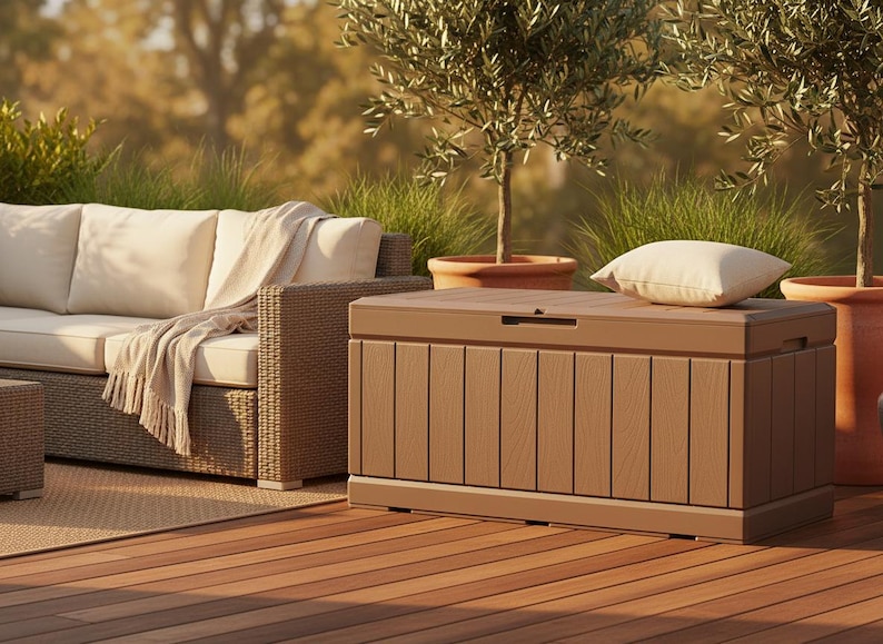 May include: A brown outdoor storage chest with a slatted design sits on a wooden deck. A beige pillow rests on top. A wicker sofa with beige cushions and a blanket is to the left. Olive trees in terracotta pots are in the background.