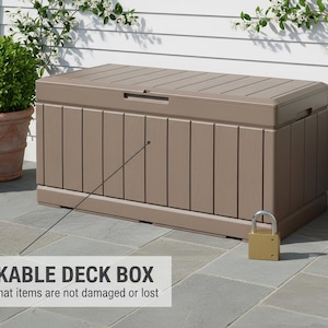 May include: A brown lockable deck box with a rectangular shape and a ridged lid. The box has vertical paneling on the front and sides. A gold padlock secures the box. Text on the image reads: LOCKABLE DECK BOX.
